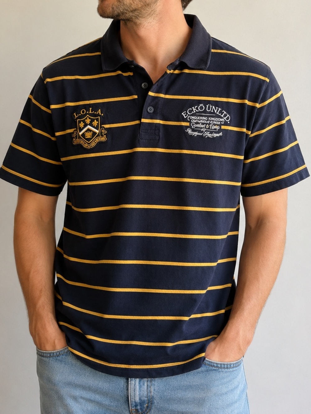 Ecko Unltd Navy Yellow Striped Polo Shirt Embroidered Rugby Style 100% Cotton L